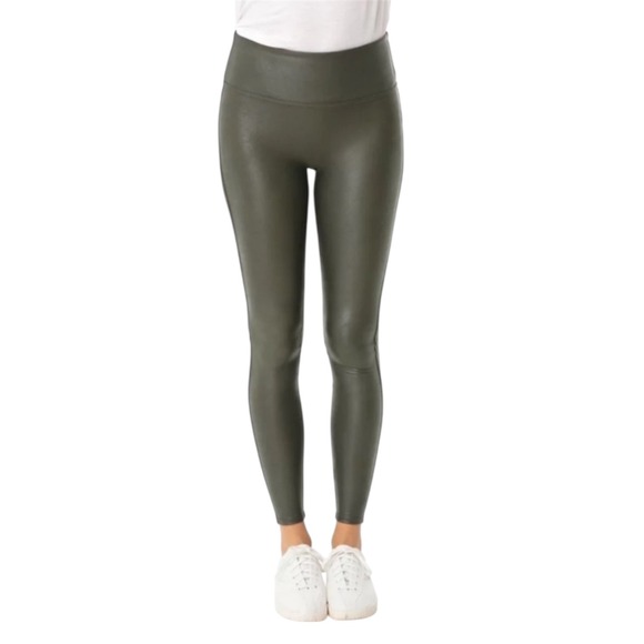 SPANX‎ Faux Leather Leggings XL High Waisted Tummy Control Olive Green Pants - Picture 1 of 9